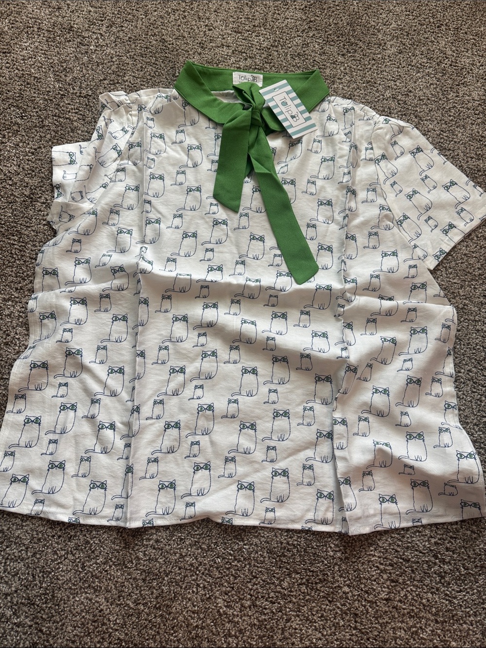 Cat-Print Cream Blouse with Green Bow Collar